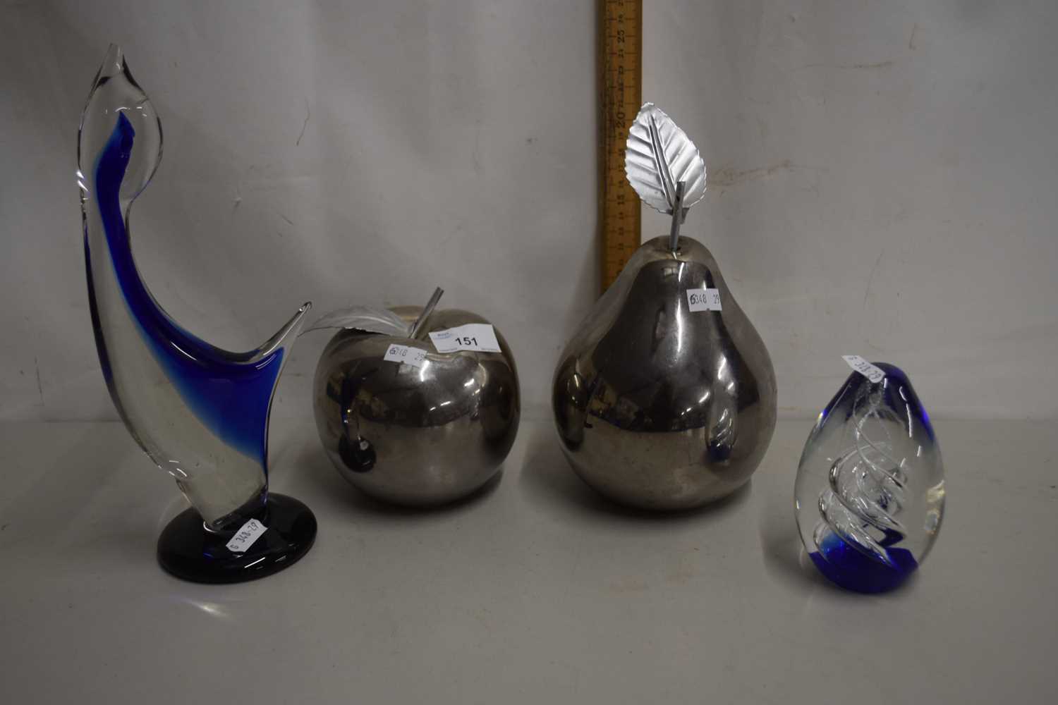 Mixed Lot: Silver finish model fruit, glass paperweights and a glass abstract bird
