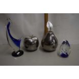 Mixed Lot: Silver finish model fruit, glass paperweights and a glass abstract bird