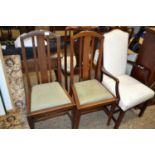Pair of early 20th Century oak dining chairs together with a modern dark wood framed armchair (3)
