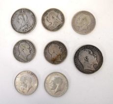 Quantity of silver coins to include Edward VII 1902 crown, Queen Victoria 1889 florin, two George VI