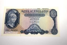 Extremely fine condition Bank of England Lion and Key series £5 note circa 1955 to 1962, signatory