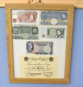 Frame of vintage Elizabeth II 100 shillings, £1 and £5 bank notes and imaginary/fantasy one