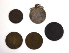 Quantity of five George III coins to include 1787 shilling, two 1797 brass "Memory of the Good"