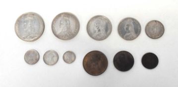 A set of 1887 Queen Victorian coins to include crown, double florin, half crown, florin, shilling,