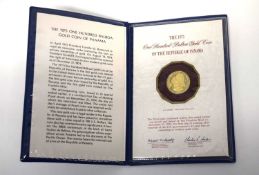 1975 100 Balboa gold proof coin of Panama, 8.16gms, 0.900 fineness in plastic wallet and certificate