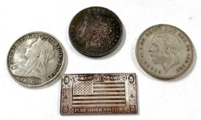 Quantity of three coins to include very fine Victorian 1899 silver crown, George V 1935 dated crown,