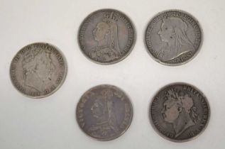 Quantity of five silver crowns to include George IV 1821, Queen Victoria 1893, Queen Victorian 1891,