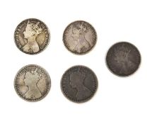 Quantity of five Queen Victoria silver florins to include two 1849 coins (5)