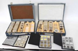 Two blue/grey cases of British coinage and collection of 20th Century shillings to include three
