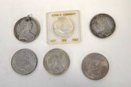 Small collection of six coins to include Queen Victorian 1892 silver crown, silver Maria Teresa