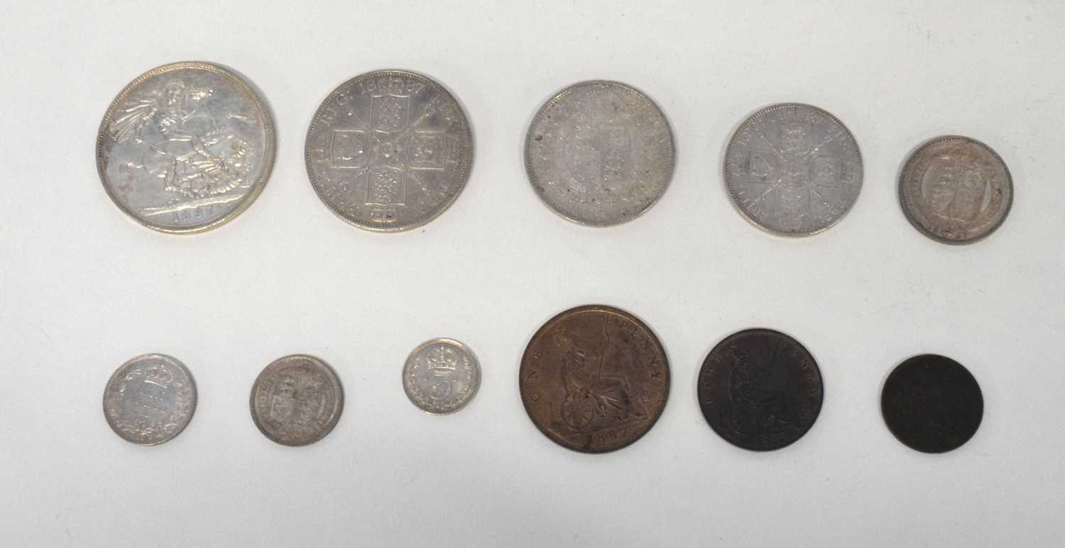 A set of 1887 Queen Victorian coins to include crown, double florin, half crown, florin, shilling, - Image 2 of 4