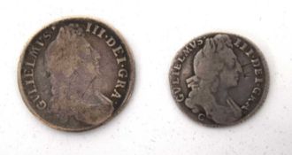 Two late 17th Century silver coins to include William III, 1696 sixpence with C. below together with