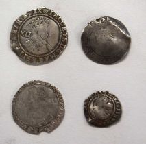 Quantity of four Old English silver hammered coins to include Elizabeth I 1561 hammered sixpence,