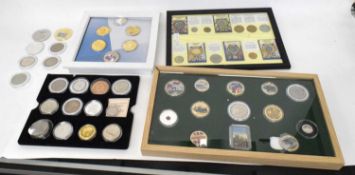 Three frames and trays of modern commemorative Elizabeth II coins and replica hand hammered coins