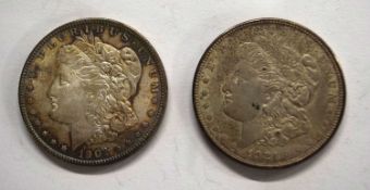 Two American silver dollars to include 1921 and 1901 examples, both in fair condition