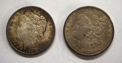 Two American silver dollars to include 1921 and 1901 examples, both in fair condition