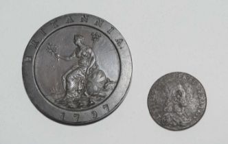 George III 1797 cartwheel two pence coin, in very fine condition together with 17th Century Louis