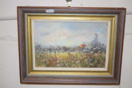 Cottages Beyond a Meadow by Pearce, oil on canvas, framed
