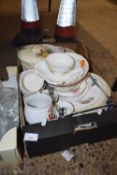 One box of various mixed dinner wares, kitchen wares etc