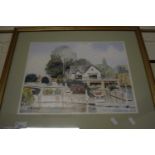 Quayside scene by Leslie Oliver, watercolour, framed and glazed