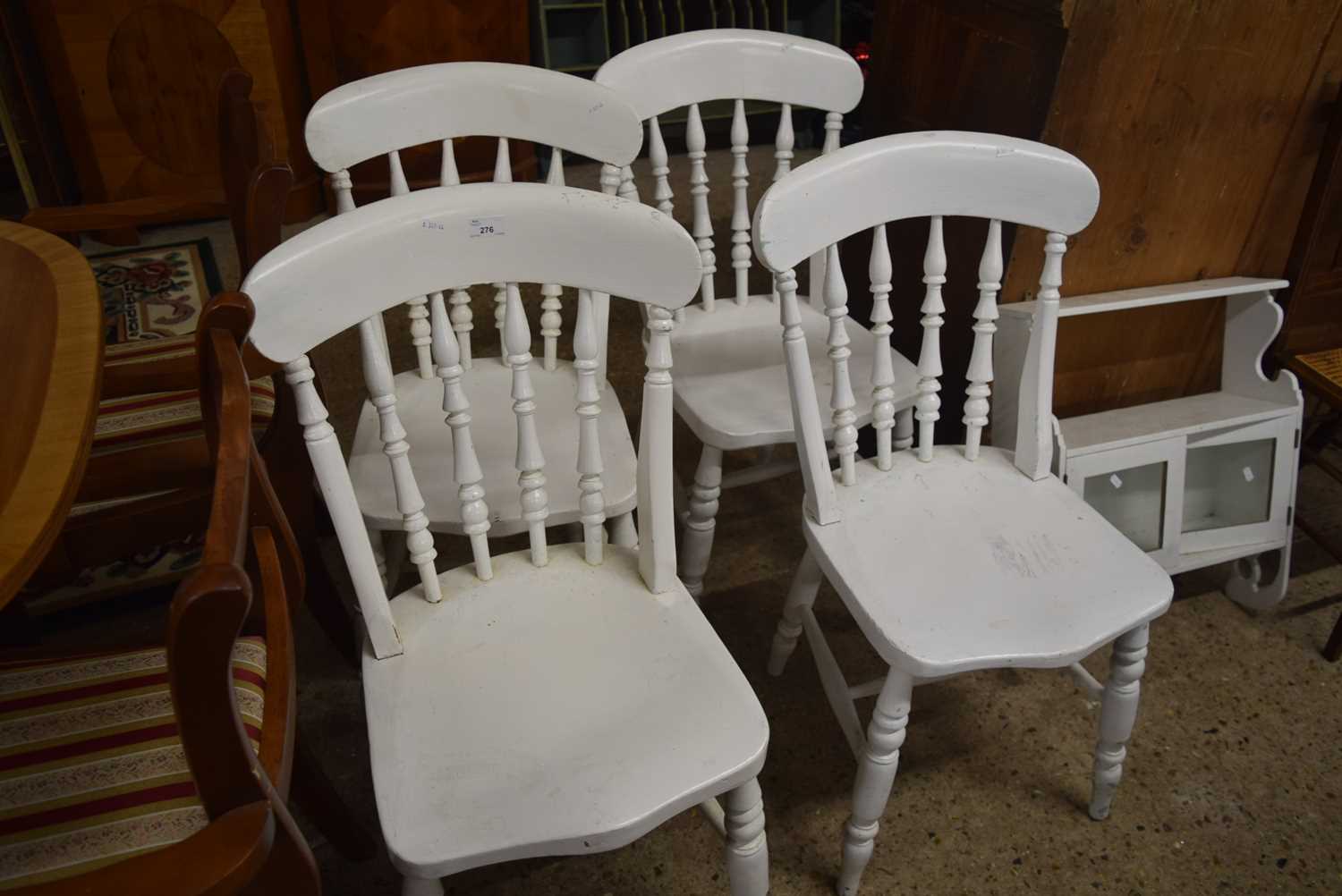 Set of four white painted pine kitchen chairs