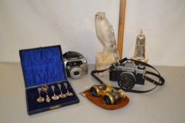 Mixed Lot: A polished marble model of an eagle, cased teaspoons, assorted cameras, opera glasses