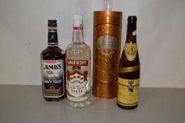 Mixed Lot: Bottle of Smirnoff Vodka, Lambs Navy Rum, Sainsburys Millennium Champagne and a further
