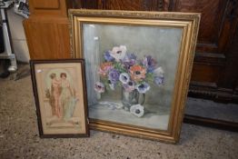 Floral study by Winifred Walker, framed and glazed together with a print of ladies (2)