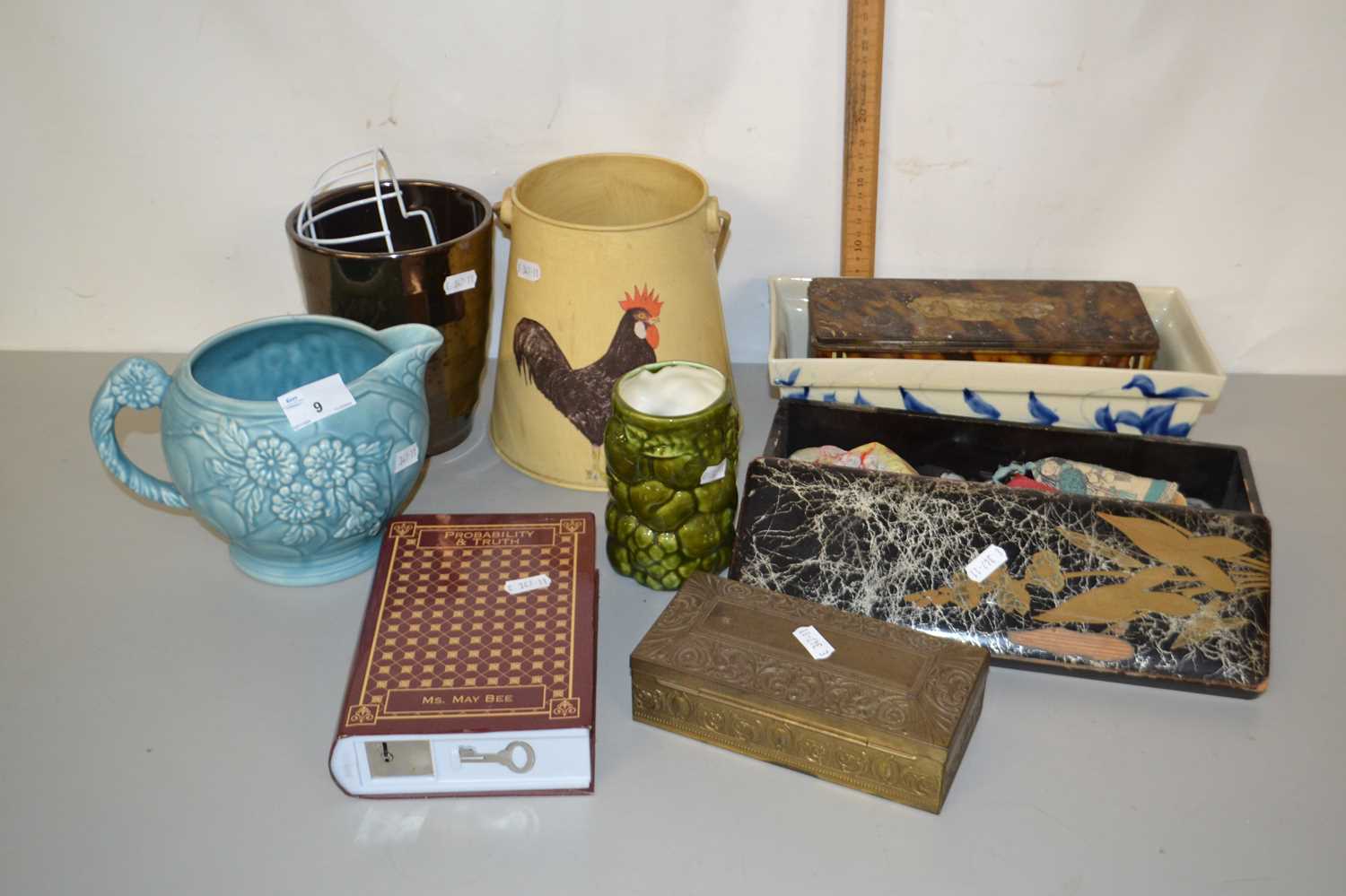 Mixed Lot: Various assorted jugs, lacquered jewellery box, book shaped box and other items