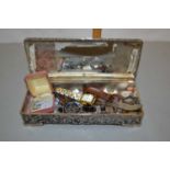 Small silver plated box containing various assorted coinage, silver necklace, wristwatches etc