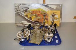 Mixed Lot: Various silver plated tea wares, candlesticks, cruet set and a Guy Degrenne fish service