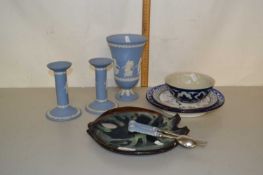 Mixed Lot: Wedgwood Jasper ware vase and candlesticks