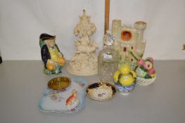 Mixed Lot: Staffordshire pocket watch stand formed as a castle, a Toby jug, table lamp base,