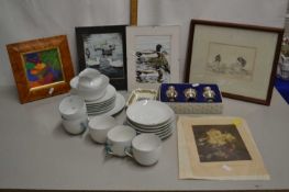 Mixed Lot: Various tea wares, small pictures, silver plated cruet set etc