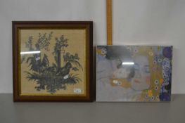 Mixed Lot: A framed needlework of chickens together with a modern coloured print Mother and Child