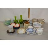 Mixed Lot: Various assorted mugs, green glass vases, other assorted items