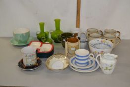 Mixed Lot: Various assorted mugs, green glass vases, other assorted items