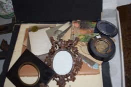 Box of various miniature picture frames, assorted vintage photographs ephemara etc