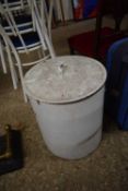 A large enamel flour or bed bin, one handle detached
