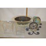 Mixed Lot: Mesh framed jardiniere, square glass vases, wall mounted glass vases etc