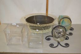 Mixed Lot: Mesh framed jardiniere, square glass vases, wall mounted glass vases etc