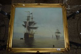 Study of battleship at sea, oil on canvas in gilt frame