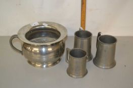 A pewter chamber pot together with three various pewter tankards