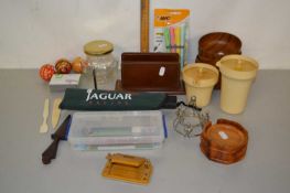 Box of various assorted mixed items to include a Jaguar umbrella, small wooden bowls etc