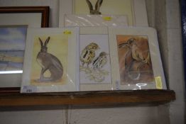 Six unframed prints of hares and birds