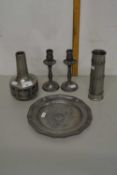 Mixed Lot: Various pewter wares to include a pair of candlesticks, decorated plate marked NPC and