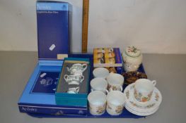 Tray of mixed items to include Aynsley coffee cans and saucers, Coalport miniature tea set and other