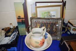Mixed Lot: Wash bowl and jug, metal tray and a quantity of pictures and prints