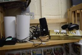 An iView HD digital TV HD receiver together with Maono microphone and a TP-Link home mesh wi-fi