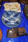 Mixed Lot: A pair of carved wooden elephant book ends, plates and other items